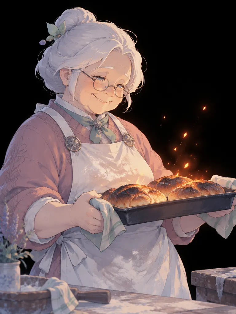 Grandma Ines tersenyum bangga mengangkat loyang roti yang sedikit hangus, percik bara menerangi wajahnya.