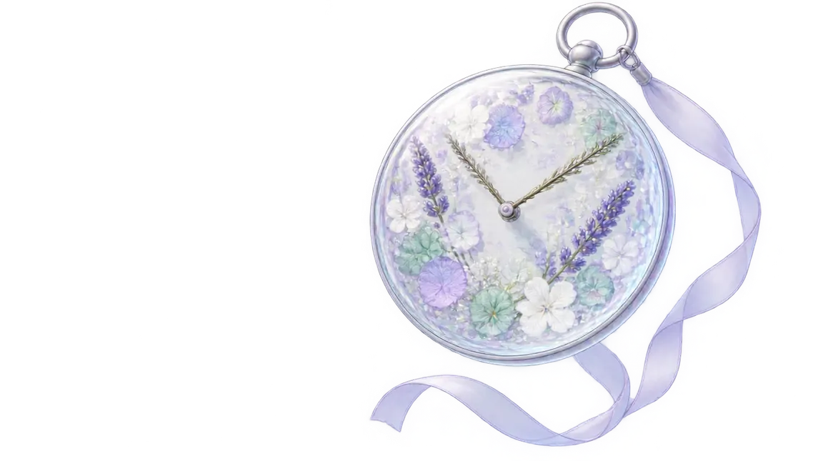 Jam saku kaca berisi kelopak lavender, putih, dan mint, jarumnya dari dua batang kering, dengan pita pucat.