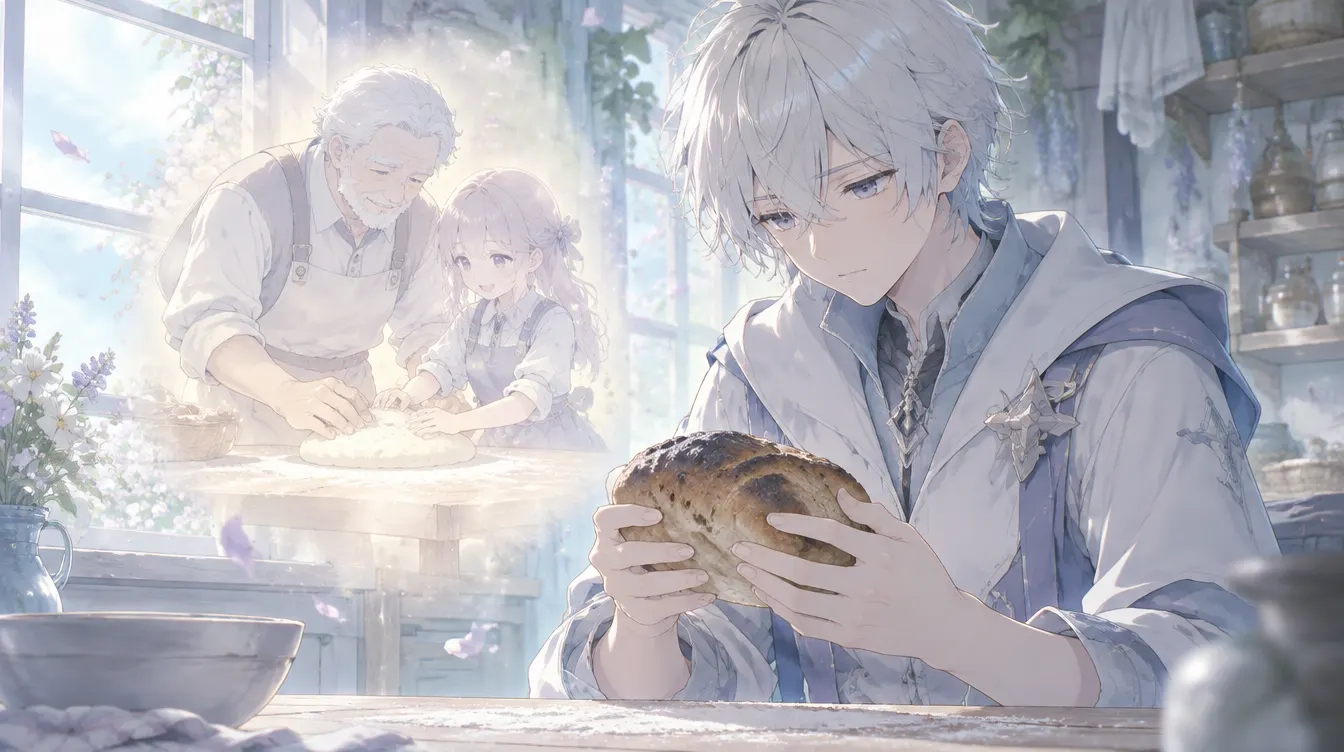 Sora memegang roti hangus, dan kenangan dapur tukang roti terputar samar di sekelilingnya.
